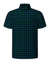A short-sleeve polo shirt featuring a green and black tartan plaid pattern, presented on a clean white background.