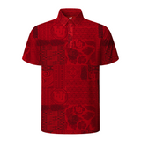 A red short-sleeve button-up shirt with a dark red tribal and geometric pattern, displayed on a clean white background.